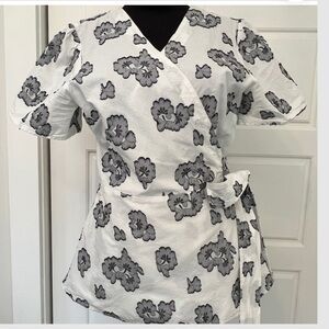 Ann Taylor White and Black Floral Wrap Blouse